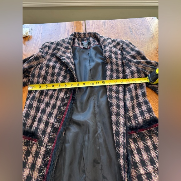 Vintage DS Essentials Faux Fur Trim Houndstooth Long Jacket Coat pink black - Picture 3 of 8